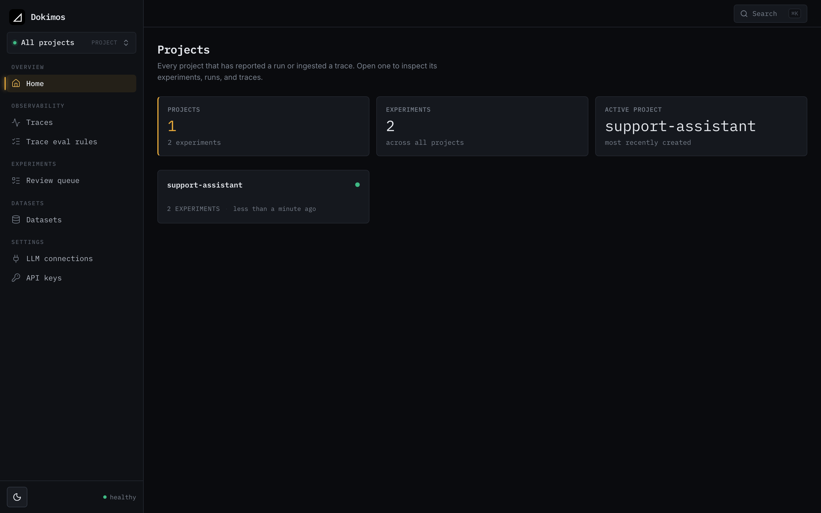 The Dokimos server dashboard: every project that has reported a run, with its experiment count and latest activity